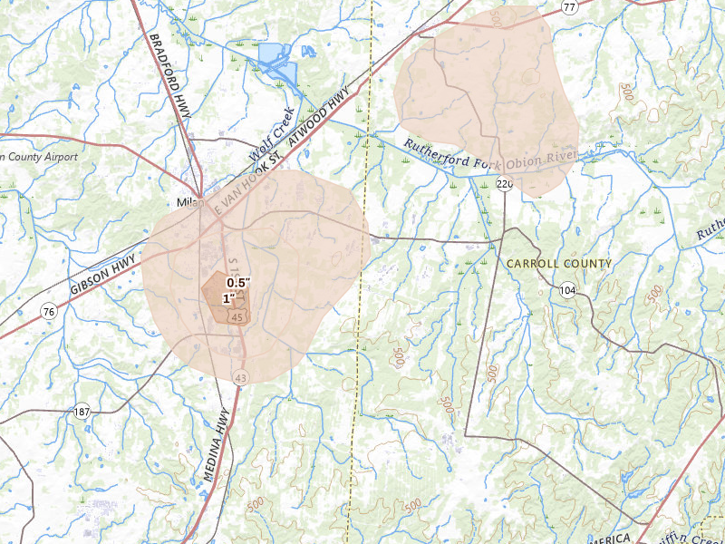 Radar-estimated hail-size map of the storm over Lavinia, TN