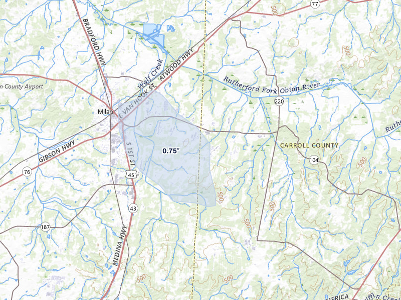 NEXRAD radar-signature map of the hail storm over Lavinia, TN on Jul 3, 2026