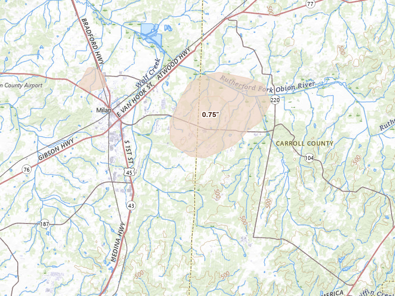 Radar-estimated hail-size map of the storm over Lavinia, TN on Jul 11, 2026