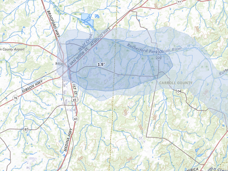NEXRAD radar-signature map of the hail storm over Lavinia, TN on Jul 11, 2026