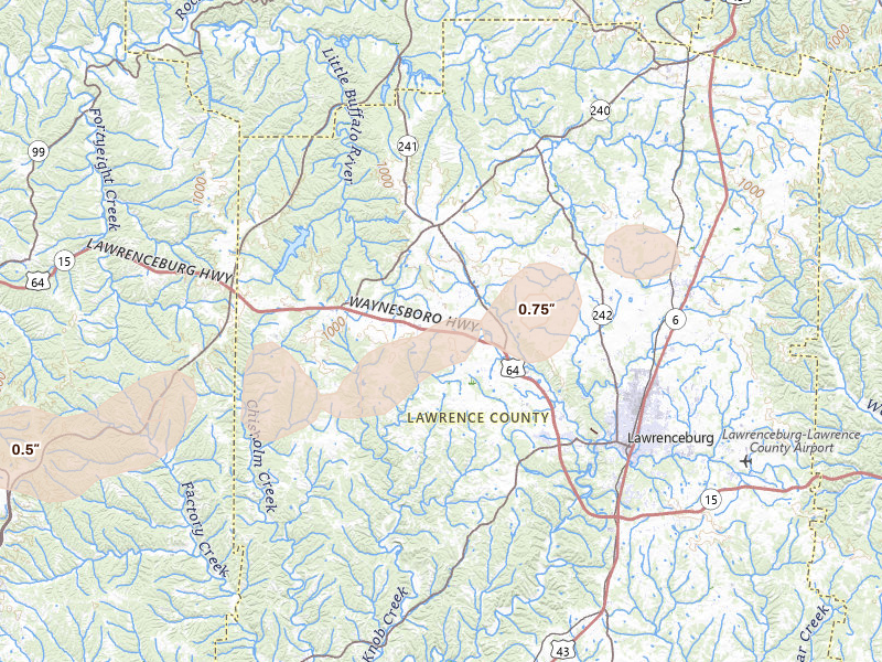 Radar-estimated hail-size map of the storm over Lawrenceburg, TN