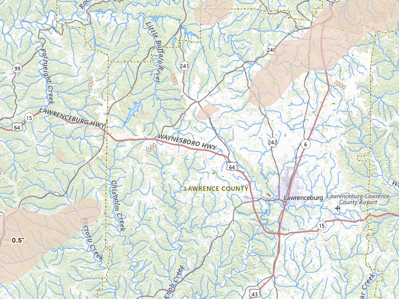 Radar-estimated hail-size map of the storm over Lawrenceburg, TN on Mar 15, 2026