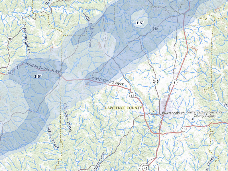 NEXRAD radar-signature map of the hail over Lawrenceburg, TN