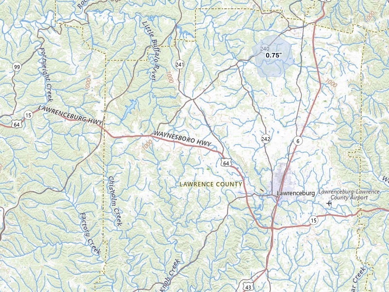 NEXRAD radar-signature map of the hail over Lawrenceburg, TN