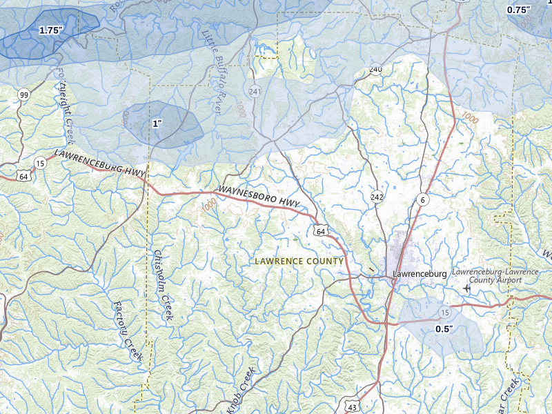 NEXRAD radar-signature map of the hail over Lawrenceburg, TN