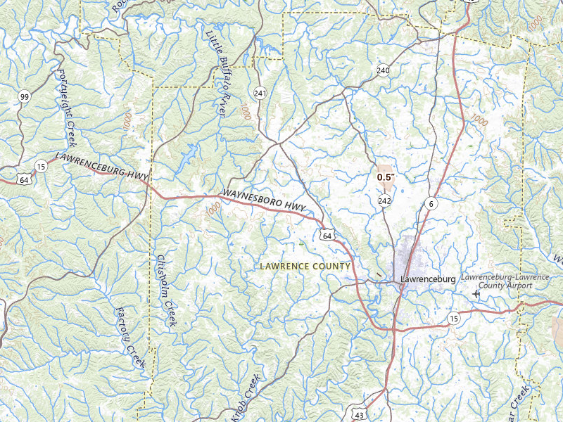 Radar-estimated hail-size map of the storm over Lawrenceburg, TN on May 31, 2026