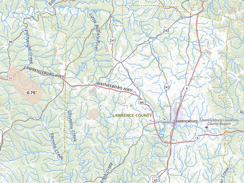 Radar-estimated hail-size map of the storm over Lawrenceburg, TN on Jul 1, 2026