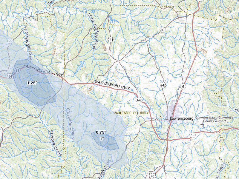 NEXRAD radar-signature map of the hail storm over Lawrenceburg, TN on Jul 1, 2026