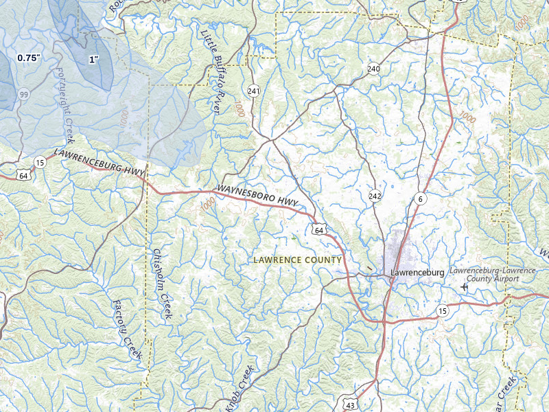 NEXRAD radar-signature map of the hail over Lawrenceburg, TN