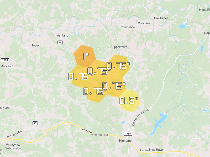Hail map of Lawrenceburg, TN on Jul 2, 2026, hail up to 1"