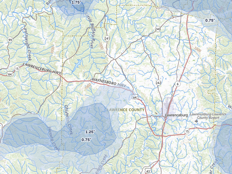 NEXRAD radar-signature map of the hail storm over Lawrenceburg, TN on Jul 3, 2026