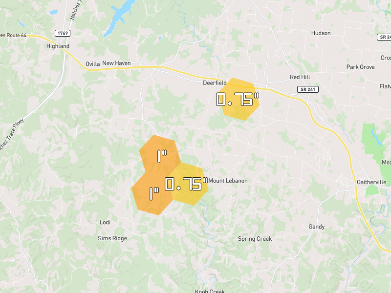 Hail map of Lawrenceburg, TN on Jul 3, 2026, hail up to 1"