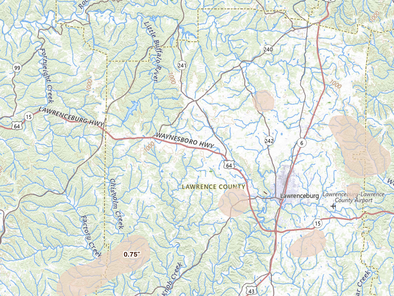 Radar-estimated hail-size map of the storm over Lawrenceburg, TN on Jul 5, 2026