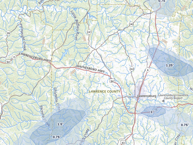 NEXRAD radar-signature map of the hail storm over Lawrenceburg, TN on Jul 5, 2026