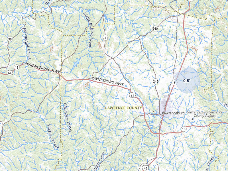 NEXRAD radar-signature map of the hail storm over Lawrenceburg, TN on Jul 7, 2026