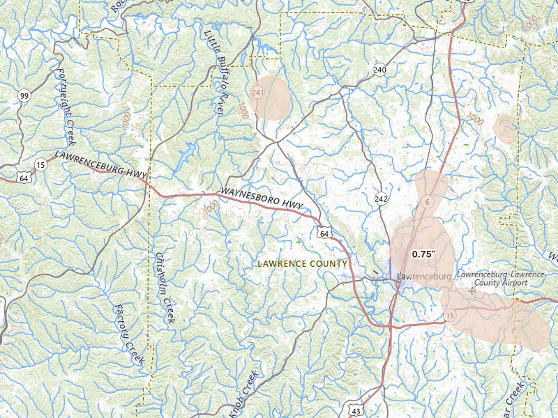 Radar-estimated hail-size map of the storm over Lawrenceburg, TN on Jul 9, 2026