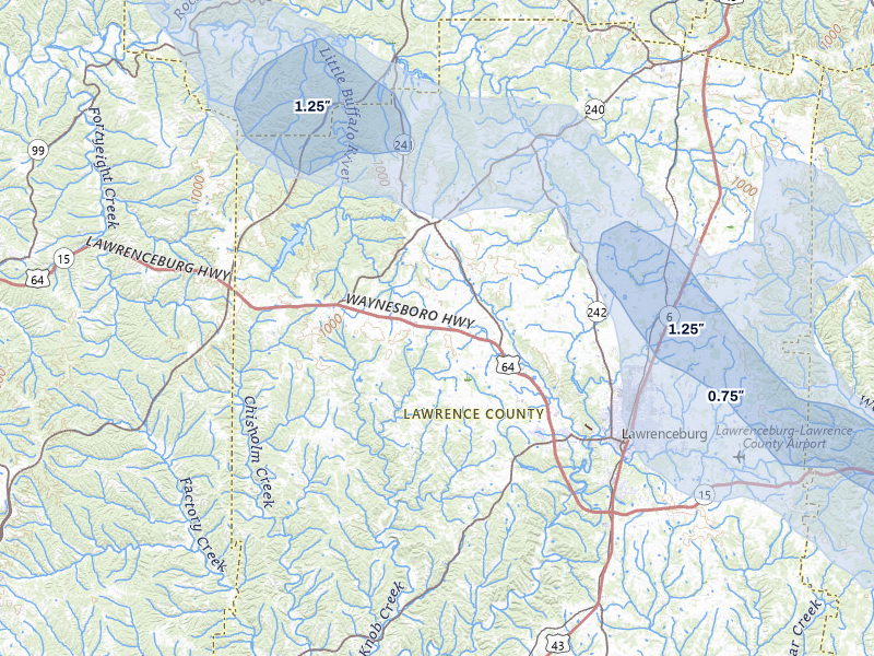NEXRAD radar-signature map of the hail storm over Lawrenceburg, TN on Jul 9, 2026