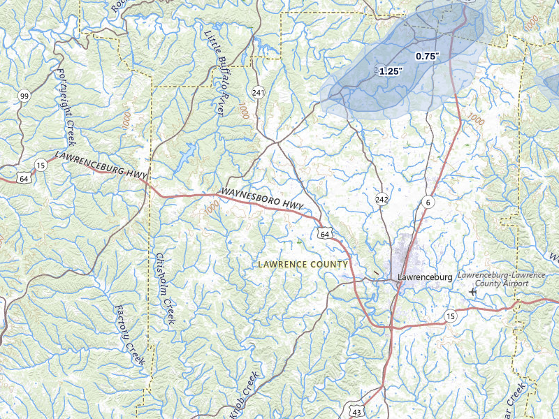 NEXRAD radar-signature map of the hail storm over Lawrenceburg, TN on Jul 11, 2026