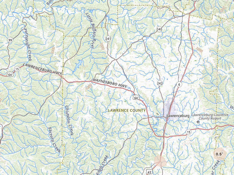Radar-estimated hail-size map of the storm over Lawrenceburg, TN on Jul 18, 2026