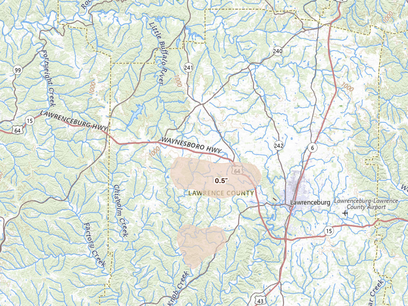 Radar-estimated hail-size map of the storm over Lawrenceburg, TN on Jul 26, 2026