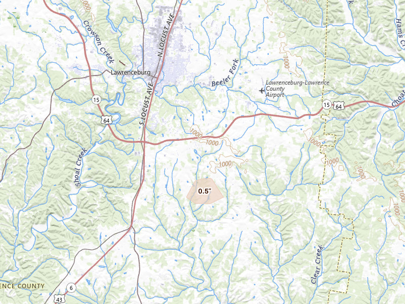 Radar-estimated hail-size map of the storm over Lawrenceburg, TN on Aug 17, 2026
