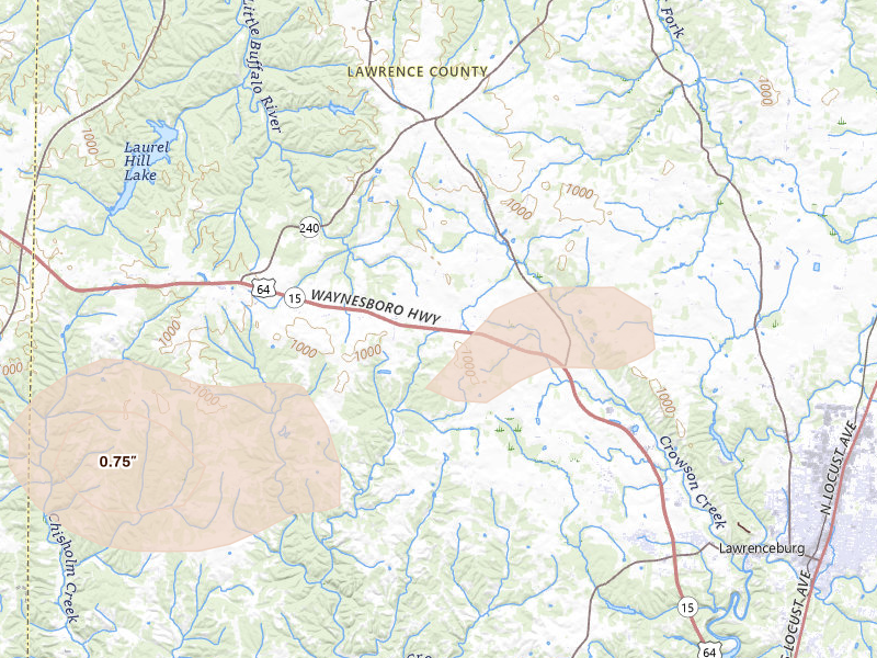 Radar-estimated hail-size map of the storm over Lawrenceburg, TN on Aug 20, 2026