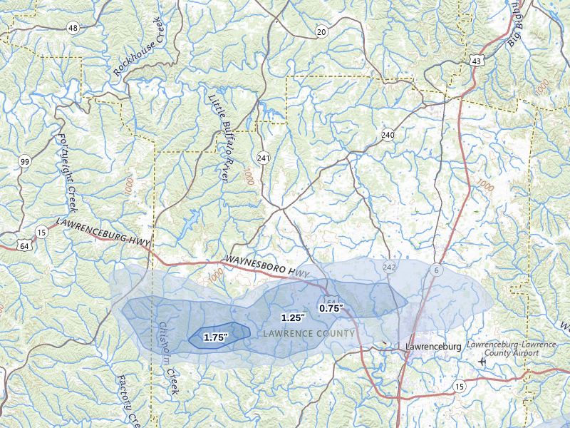NEXRAD radar-signature map of the hail storm over Lawrenceburg, TN on Aug 20, 2026