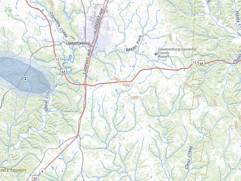 NEXRAD radar-signature map of the hail storm over Lawrenceburg, TN on Aug 26, 2026