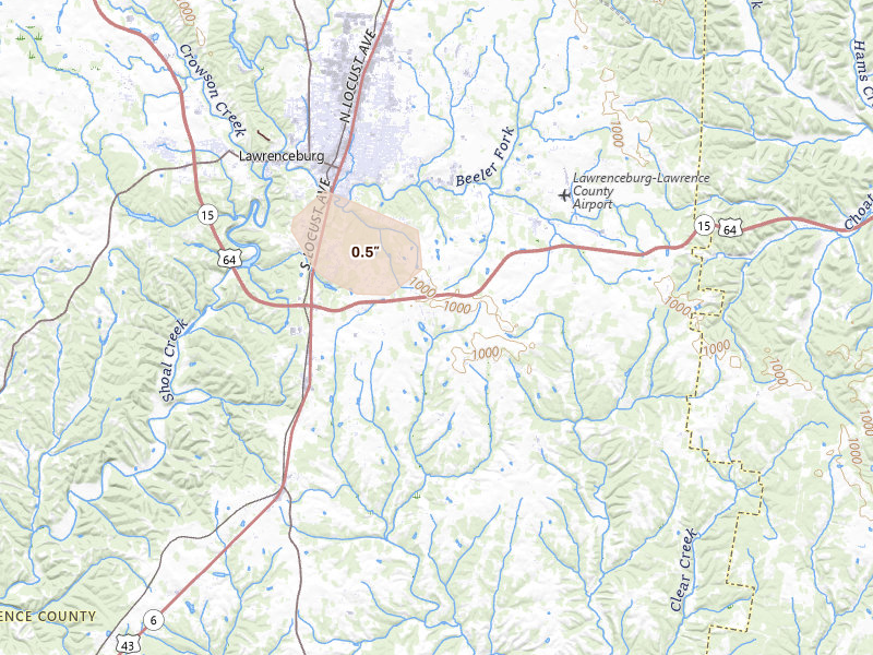Radar-estimated hail-size map of the storm over Lawrenceburg, TN