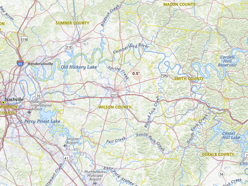 Radar-estimated hail-size map of the storm over Lebanon, TN on Mar 15, 2026