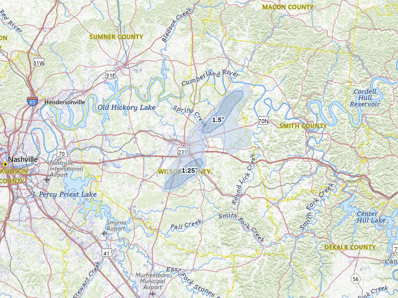 NEXRAD radar-signature map of the hail over Lebanon, TN