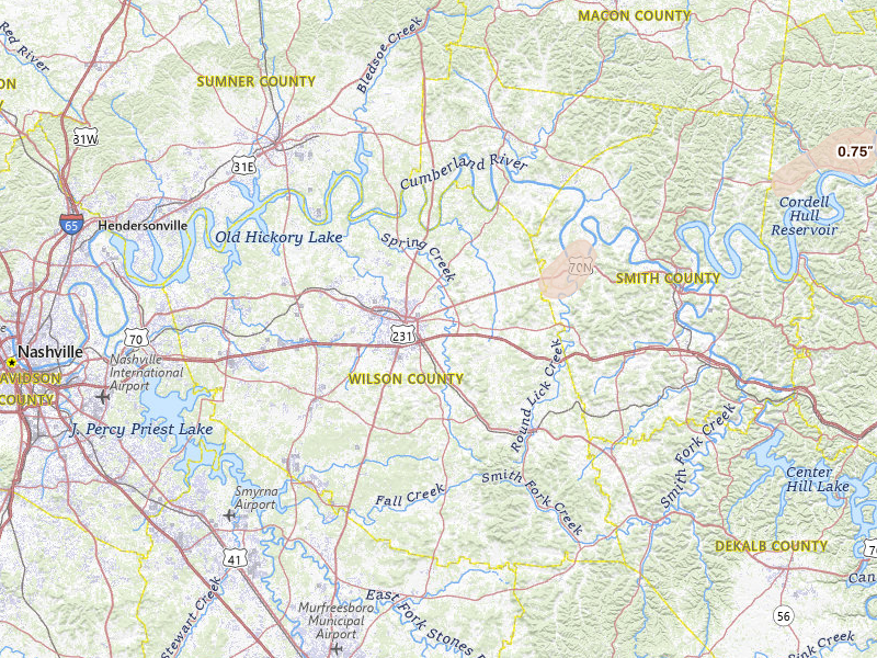 Radar-estimated hail-size map of the storm over Lebanon, TN on May 20, 2026