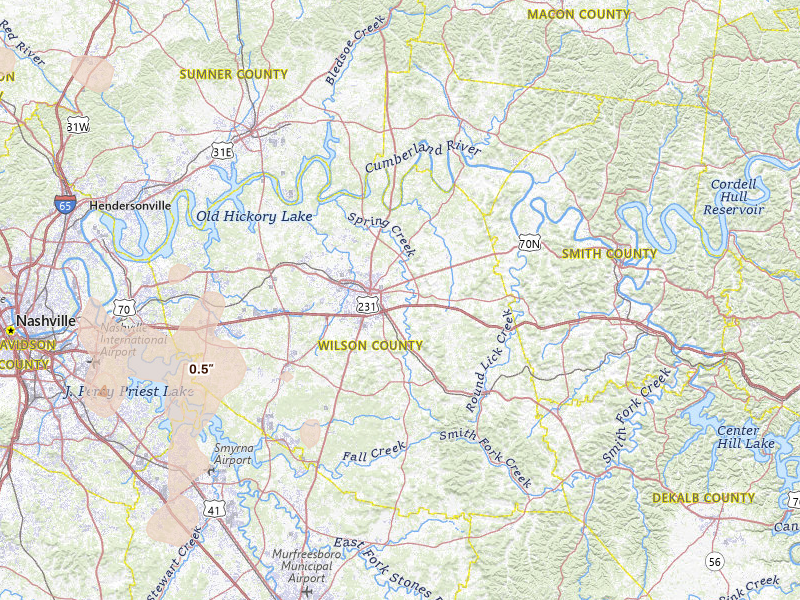 Radar-estimated hail-size map of the storm over Lebanon, TN on Jun 9, 2026