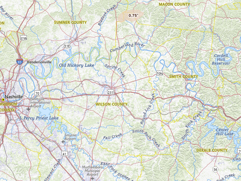 Radar-estimated hail-size map of the storm over Lebanon, TN on Jun 27, 2026