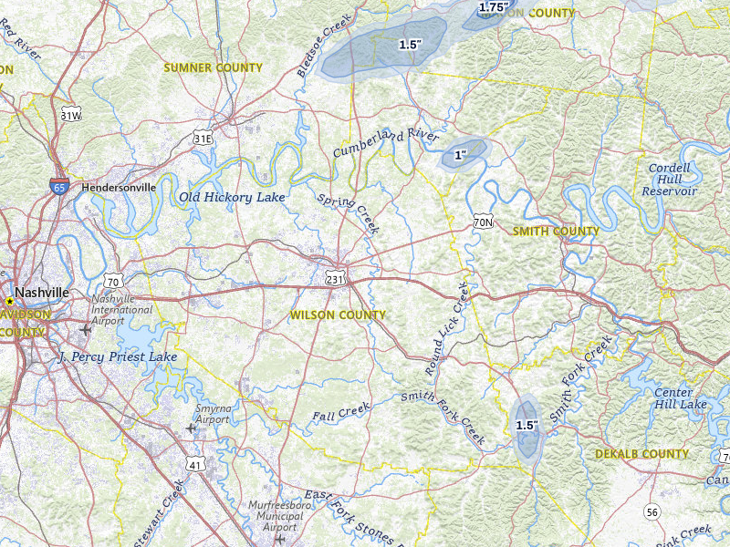 NEXRAD radar-signature map of the hail storm over Lebanon, TN on Jun 27, 2026