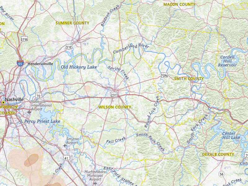 Radar-estimated hail-size map of the storm over Lebanon, TN on Jul 2, 2026