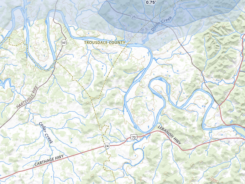 NEXRAD radar-signature map of the hail storm over Lebanon, TN on Jul 3, 2026