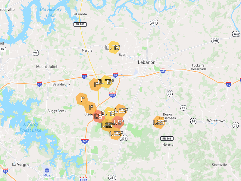 Hail map of Lebanon, TN on Jul 3, 2026, hail up to 1.5"