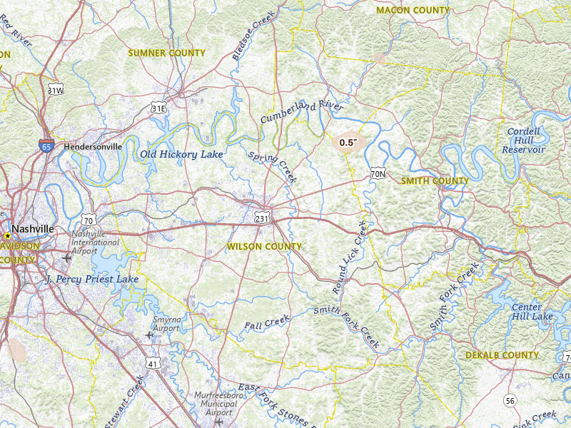 Radar-estimated hail-size map of the storm over Lebanon, TN on Jul 19, 2026