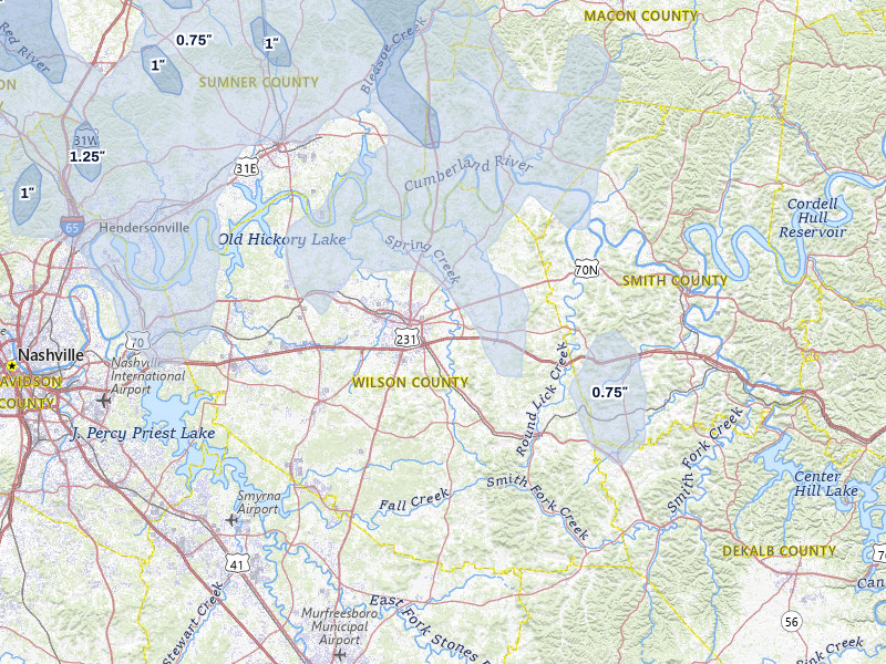 NEXRAD radar-signature map of the hail over Lebanon, TN