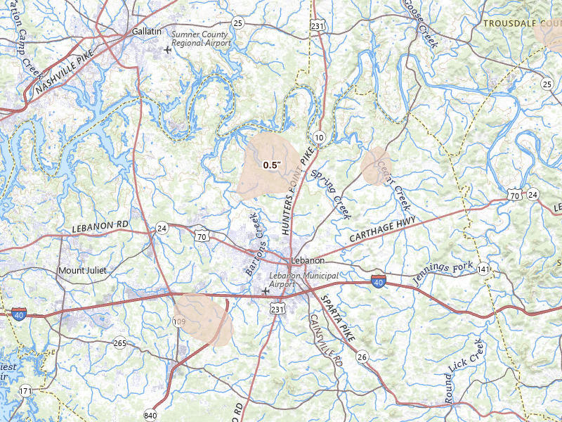 Radar-estimated hail-size map of the storm over Lebanon, TN