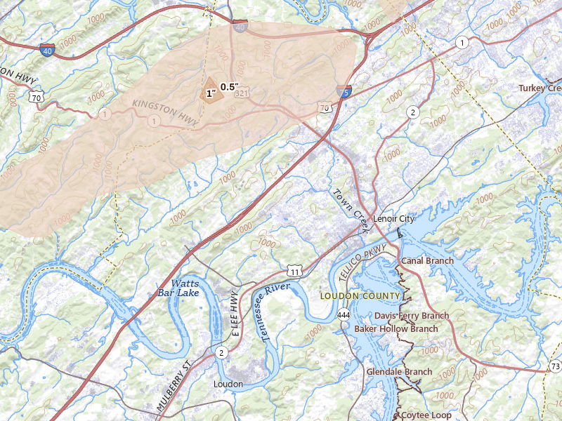 Radar-estimated hail-size map of the storm over Lenoir City, TN on Aug 20, 2026