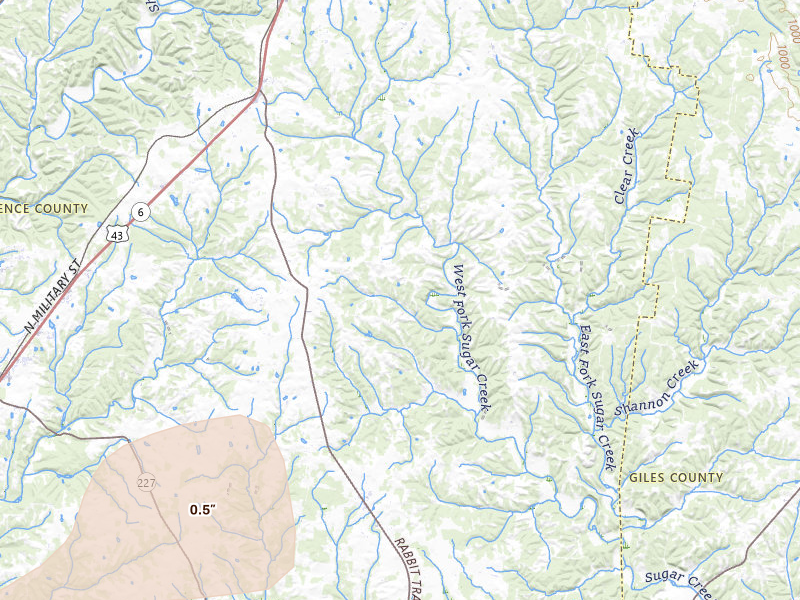 Radar-estimated hail-size map of the storm over Leoma, TN on Mar 15, 2026