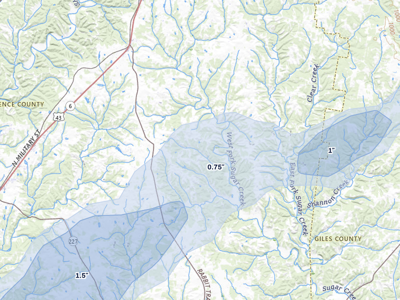 NEXRAD radar-signature map of the hail over Leoma, TN