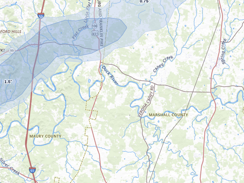 NEXRAD radar-signature map of the hail over Lewisburg, TN