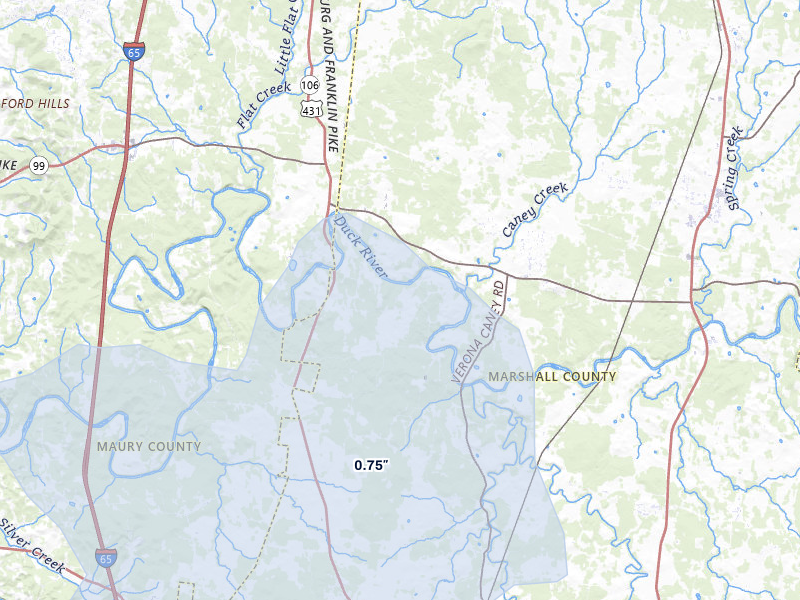 NEXRAD radar-signature map of the hail over Lewisburg, TN