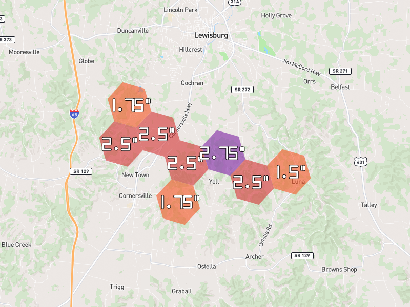 Hail map of Lewisburg, TN on Jun 1, 2026, hail up to 2.75"