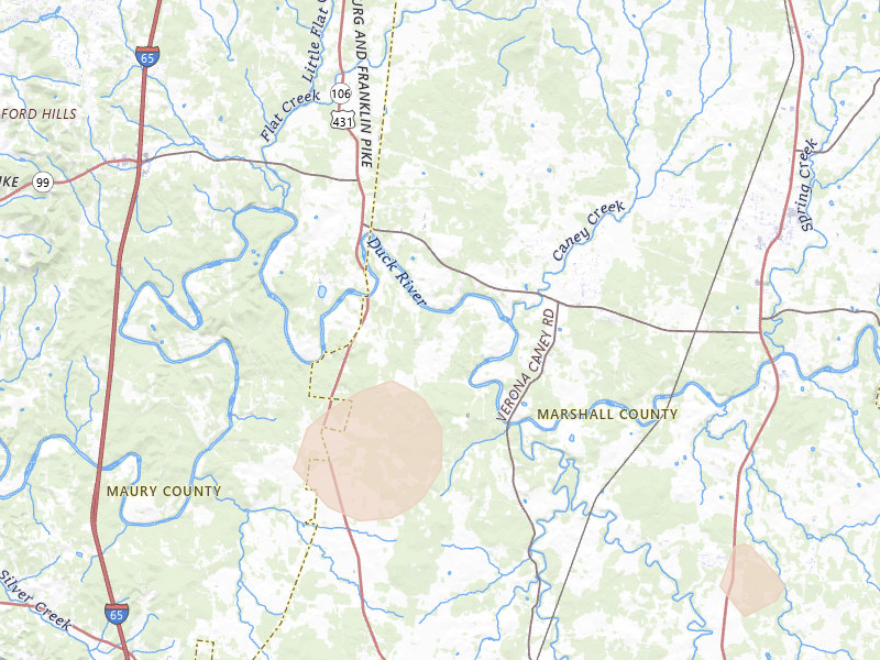Radar-estimated hail-size map of the storm over Lewisburg, TN on Jul 5, 2026