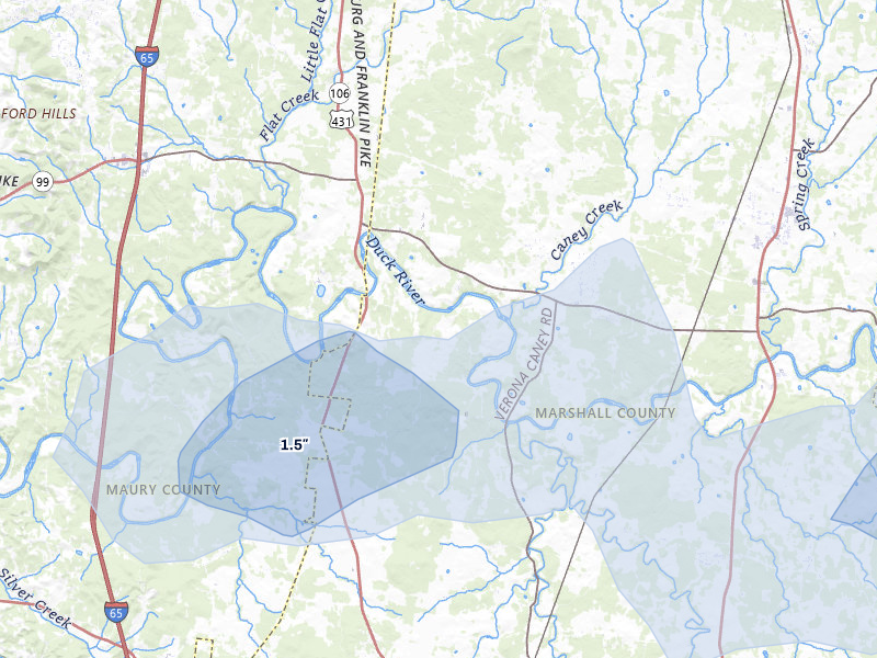 NEXRAD radar-signature map of the hail storm over Lewisburg, TN on Jul 5, 2026