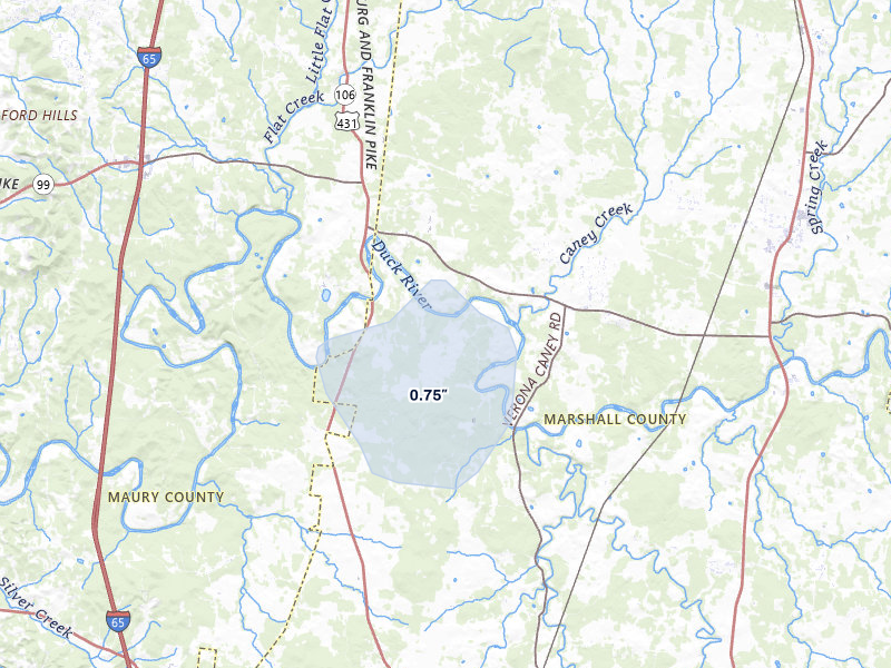 NEXRAD radar-signature map of the hail storm over Lewisburg, TN on Jul 9, 2026